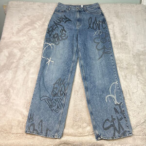 Divided H&M Jeans Womens Size 6 Graffiti High Rise WIDE Leg Light Denim Fun Love